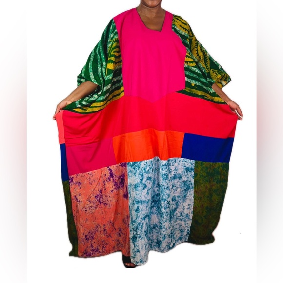 African Print Ankara Multicolor Patchwork Mixed Print Colorful Kaftan Maxi Dress - Picture 9 of 11